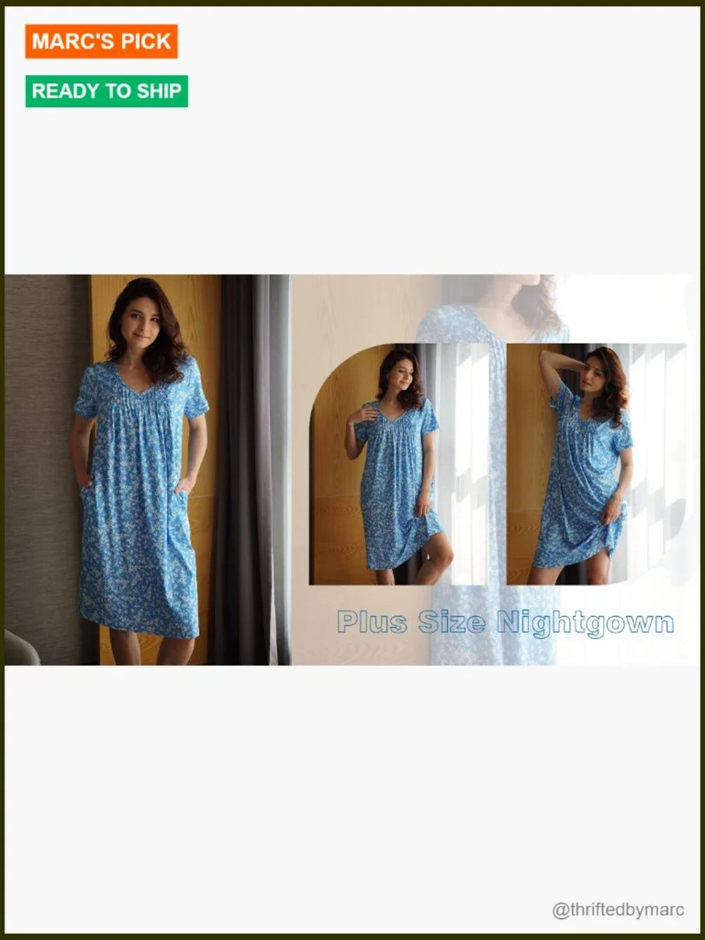 Loose Fit Nightgown with Pockets Short Sleeve Lounge Dress Pleated Front Midi